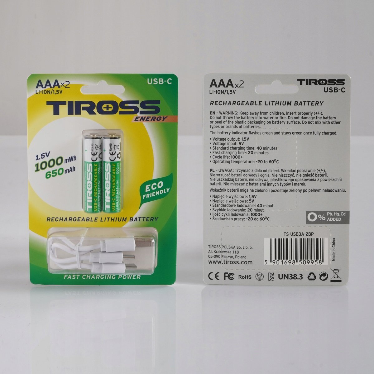 Bateri rimbushëse Tiross Akumalrorki USB C AAA, 650mAh, 1.5V, paketë 2 copë