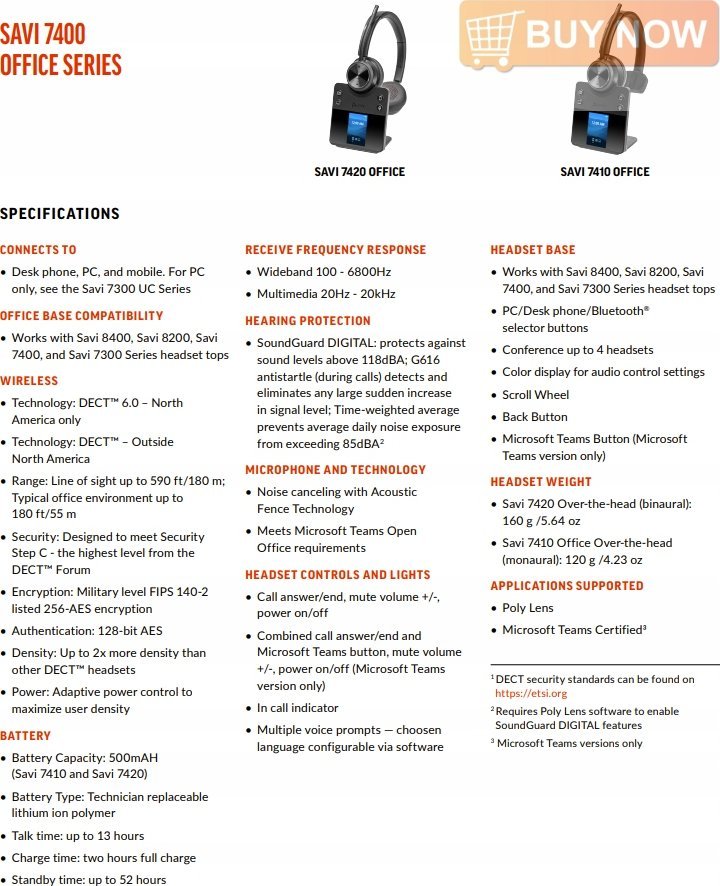 Kufje pa tela HP Poly Savi 7420 Office Stereo, DECT 1880–1900 MHz, Microsoft Teams Certified, të zeza