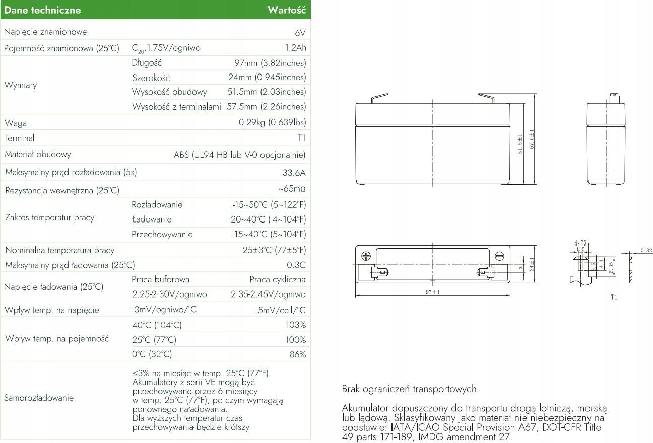 Bateri AGM VIPOW VE6-1.2, 6V, 1.2Ah, e zezë