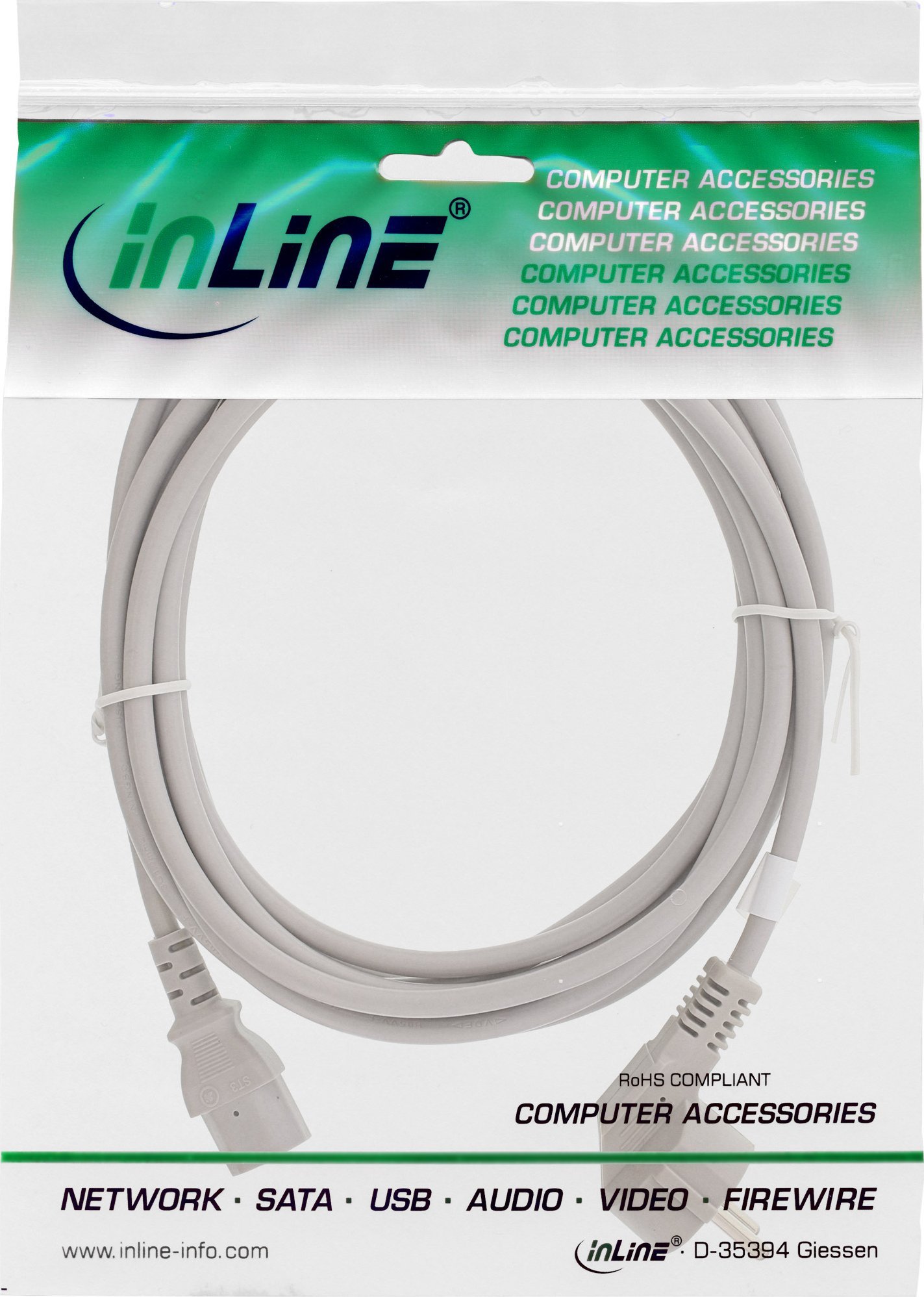 Kabllo rryme InLine Power Cable, CEE 7/7 në kënd, 3pin IEC C13, 1m, gri