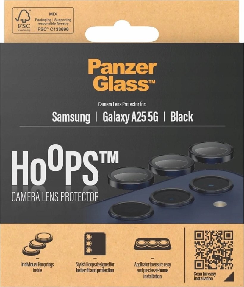 Mbrojtës kamere PanzerGlass për Samsung Galaxy A25, hoops xham i fortifikuar, i zi
