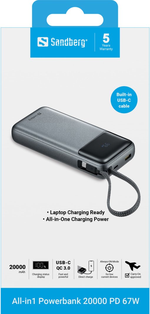 Powerbank Sandberg All-in1 421-29, 20000mAh, PD 67W, USB-C, USB-A