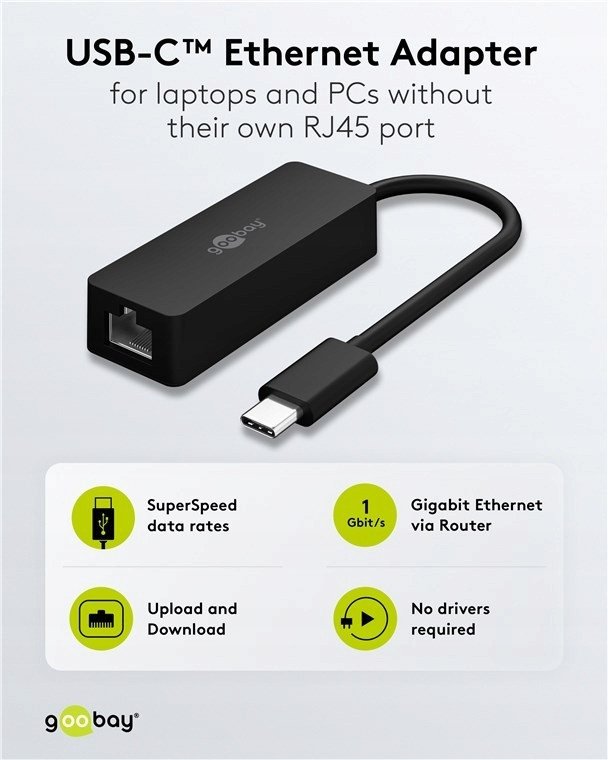 Adapter rrjeti Goobay USB C në Ethernet, USB 3.1, 1 Gbit/s, i zi