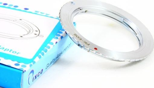 Adapter objektivi Pixco për Canon EOS EF në Pentax K, metalik, argjendtë