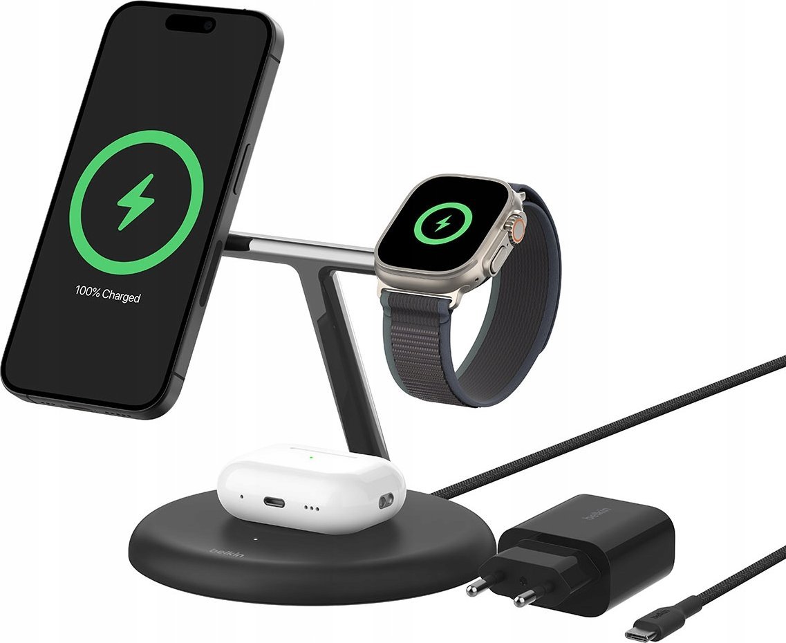 Stacion karikimi Belkin BoostCharge Pro 3 in 1, Qi2 15W, magnetik, i bardhë