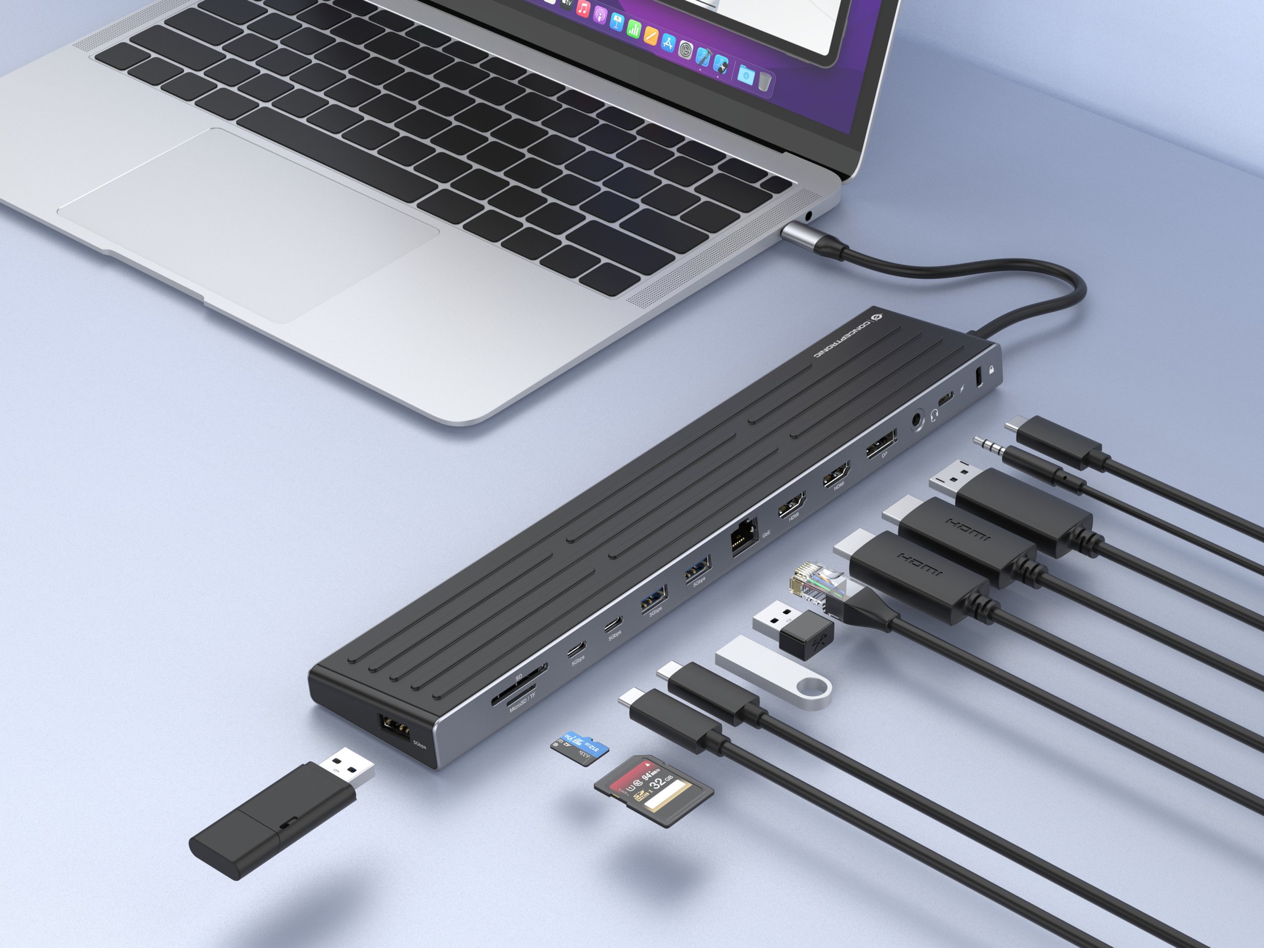 Docking station Conceptronic 14 in 1, USB C, 2x HDMI DP 4K, argjendtë