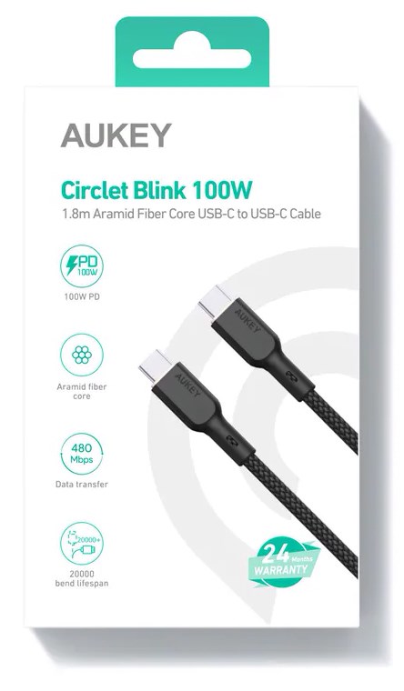Kabllo Aukey, USB C / USB C, 1.8 m, e zezë
