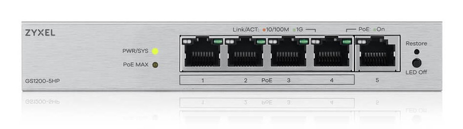 Switch rrjeti Zyxel GS1200-5HPv3, 5 porta Gigabit, PoE, gri