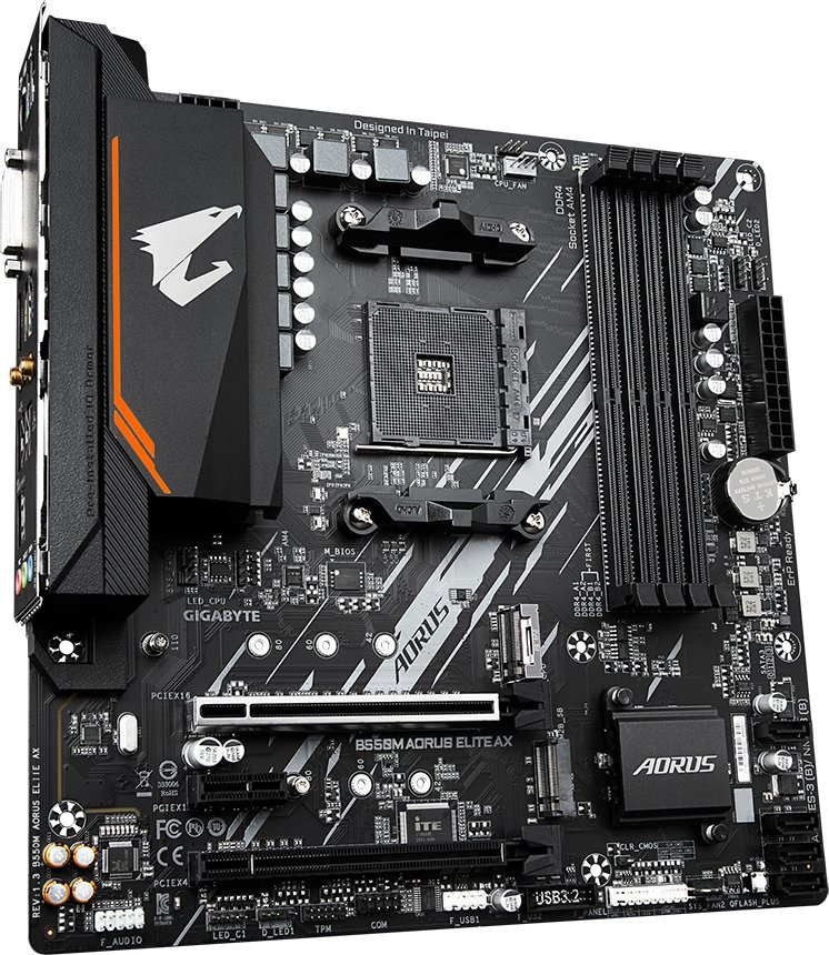 Pllakë amë Gigabyte B550M AORUS ELITE AX, AMD B550, Socket AM4, 4 slota, Bluetooth, Wi-Fi 6, Micro ATX 3