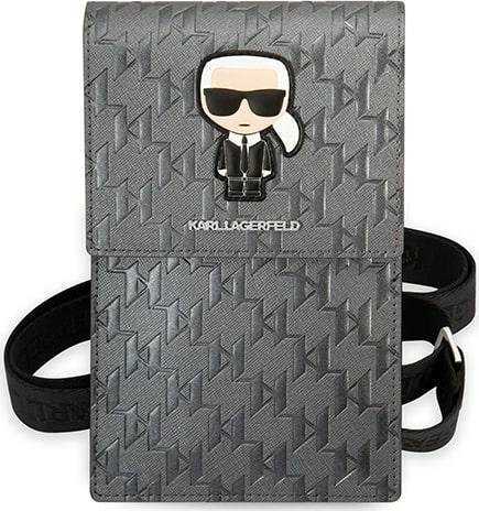Çantë krahu Karl Lagerfeld Ikonik Karl Monogram Patch, për telefon, argjendtë