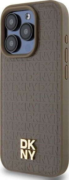Mbështjellës telefoni DKNY Leather Monogram Metal Logo MagSafe, për iPhone 14 Pro Max 6.7", hardcase lëkurë, kafe