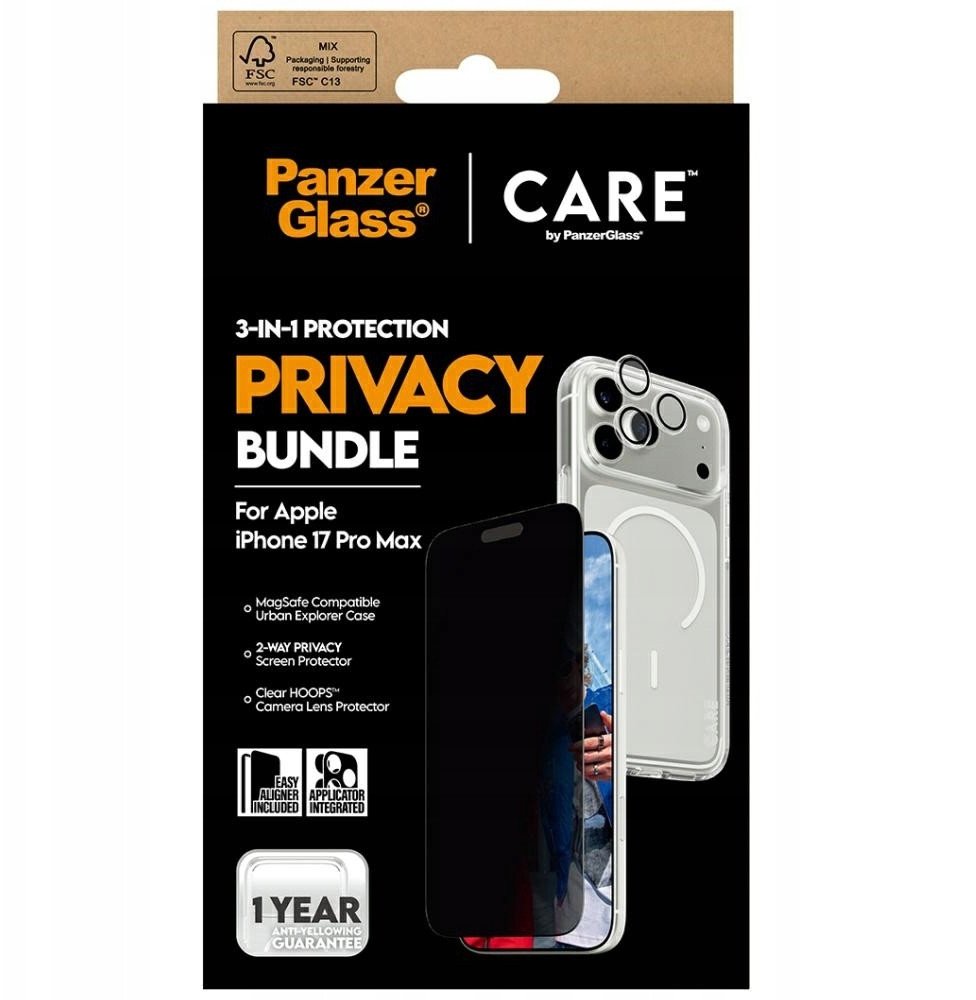 Set mbrojtës PanzerGlass CARE 3 në 1 për iPhone 17 Pro, mbrojtës ekrani privatësie, mbrojtje kamere