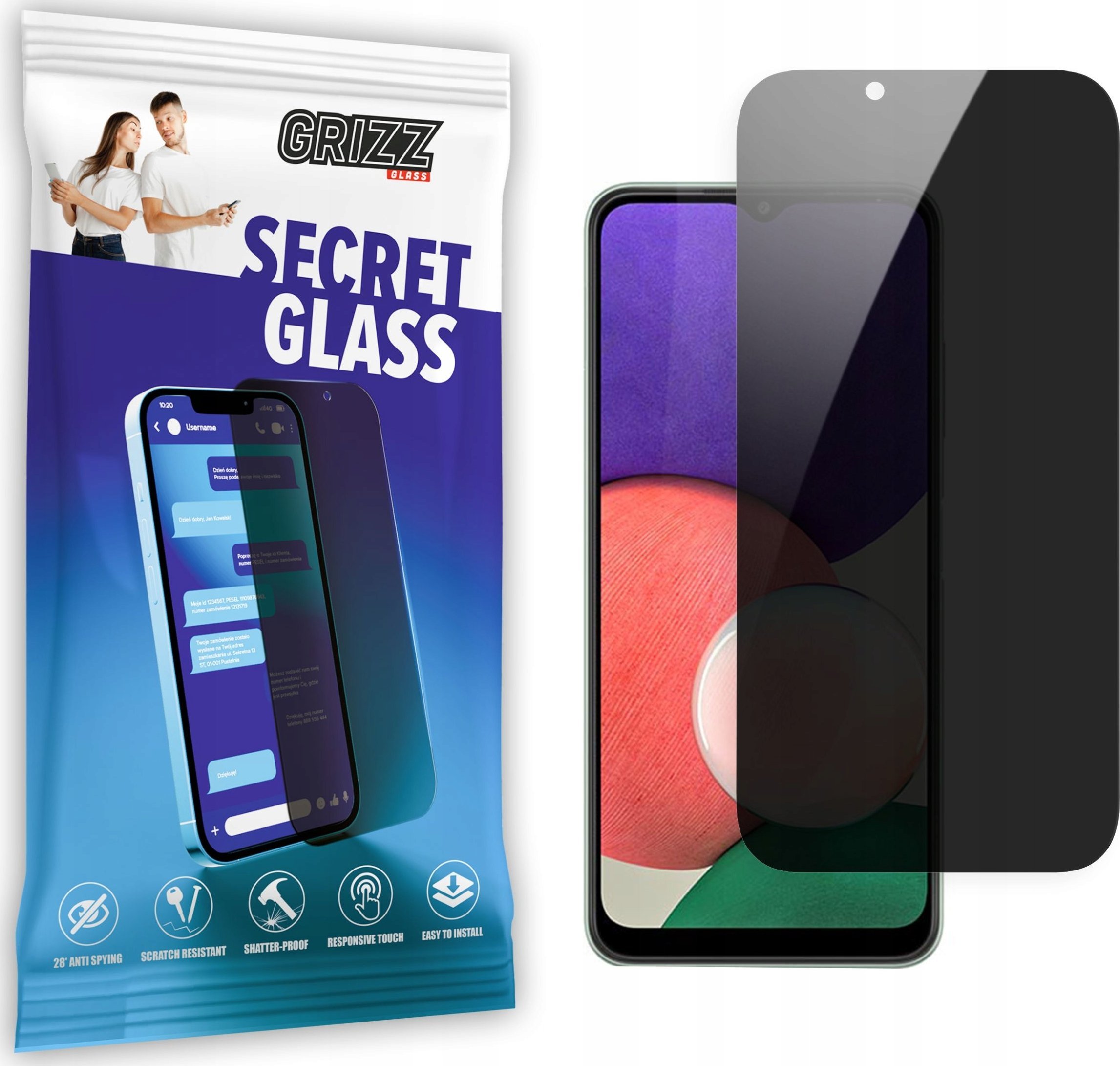 Mbrojtës ekrani Grizz SecretGlass për Samsung Galaxy A22 5G, xham i temperuar, efekt privatësie, transparent