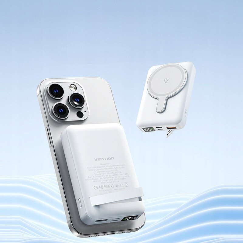 Powerbank magnetik Vention, 10000mAh, karikim wireless 22.5W, ekran LED, i bardhë