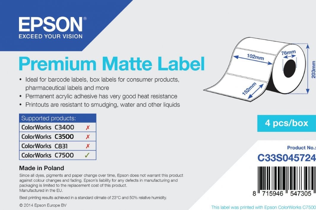 Rrotull etiketa Epson Premium Matte Label, 102 x 152mm, 800 etiketa, e bardhë