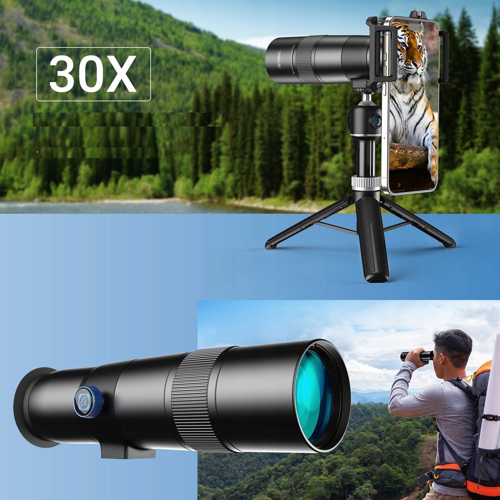 Objektiv telefoni Apexel APL-30XJJ028, zmadhim 30x, me tripod, i zi