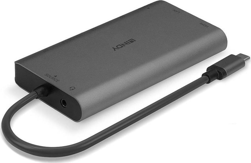 Docking Station USB C Lindy 43323, 4K HDMI DP, Power Delivery 100W, gri