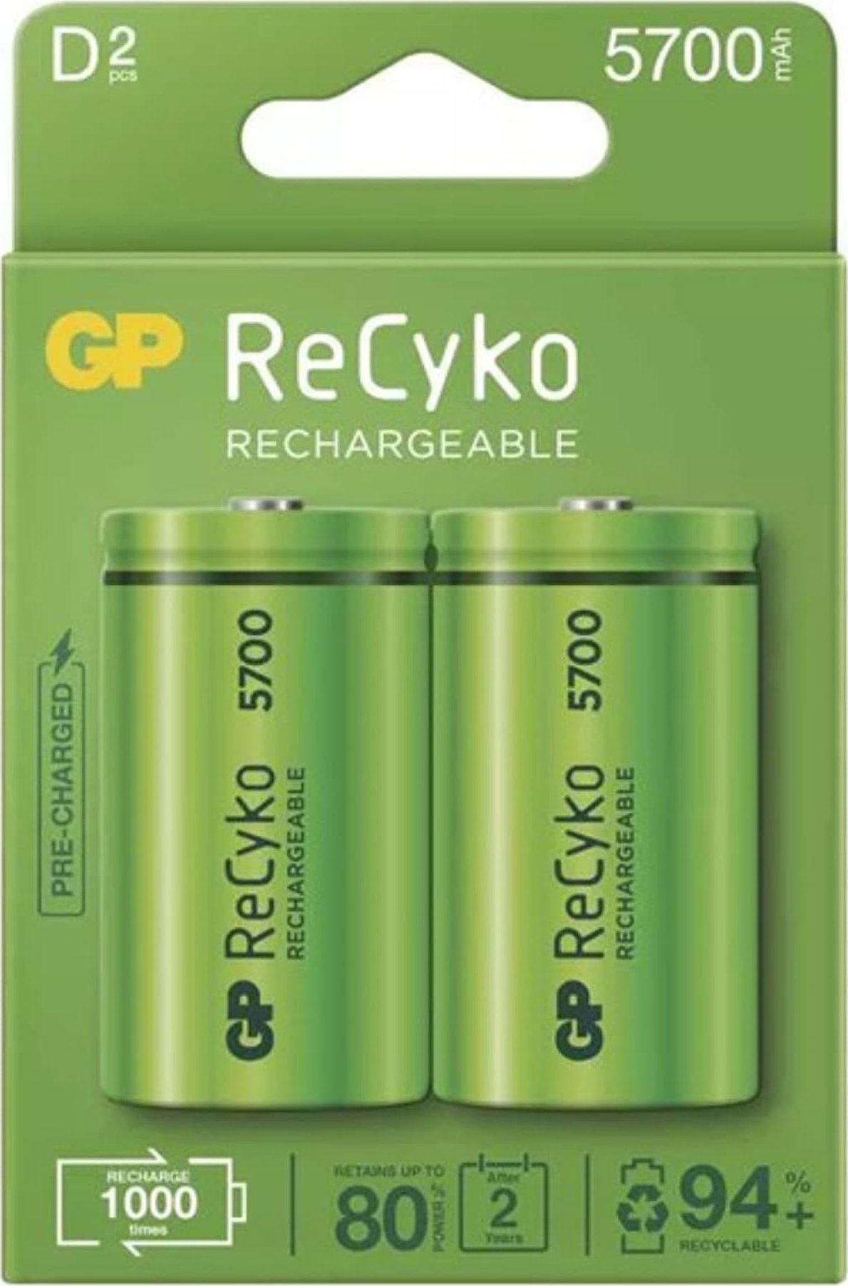 Bateri të rikarikueshme GP ReCyko 5700 D HR20, 5700 mAh, NiMH, jeshile
