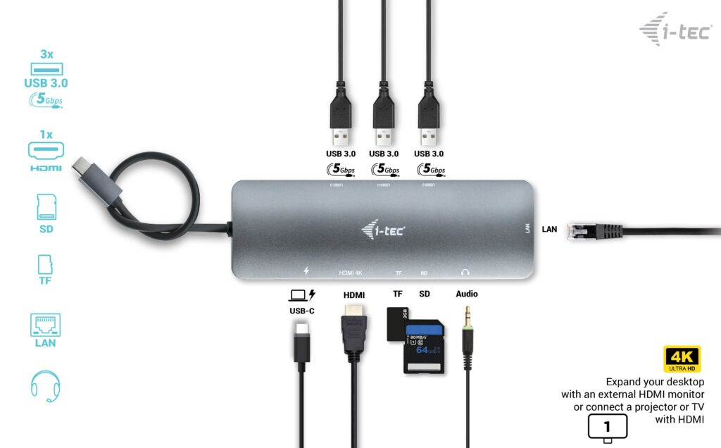 Stacion lidhës i-tec Metal USB-C Nano, HDMI 4K, 100W, i argjendtë