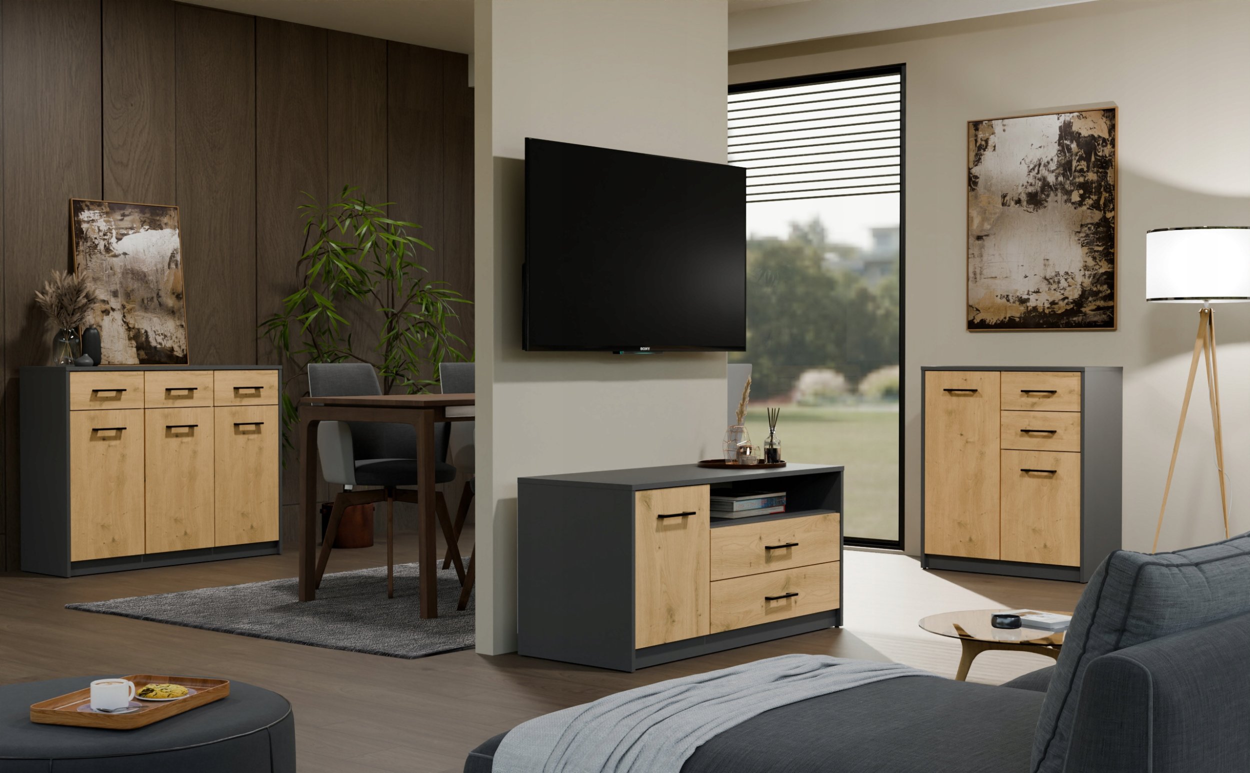 Kabinet TV SIMPLO 1D2S, 2 sirtarë, 1 derë, antracit dhe oak artisan