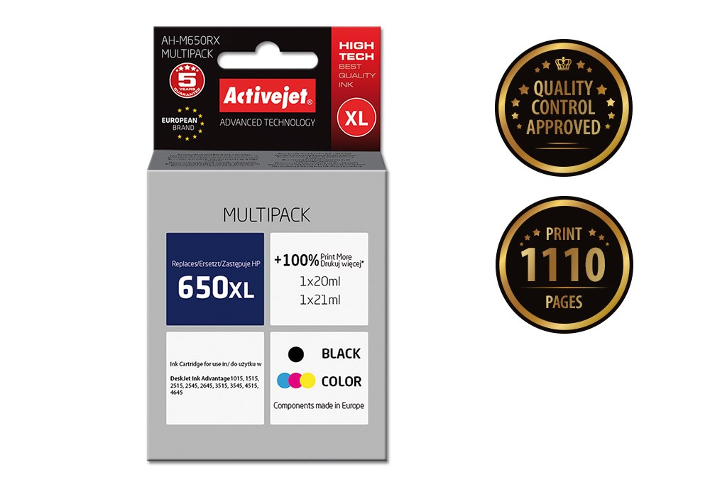 Ngjyrë për printer Activejet AH-M650RX (zëvendësim për HP 650 CZ101AE/CZ102AE), 2 copë, e zezë / e kaltër / vjollcë / e verdhë