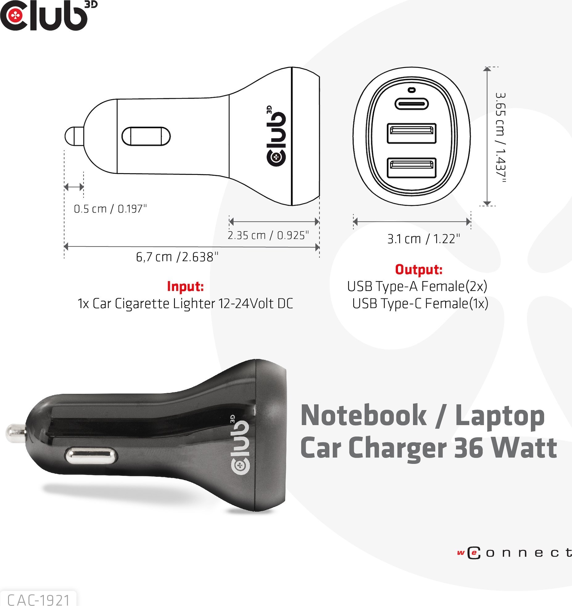 Karikues veture Club3D Car Charger, 36W, 3 porta USB, i zi
