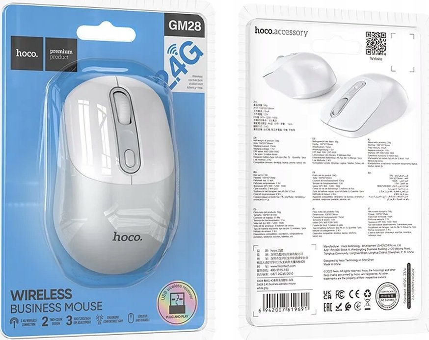 Maush wireless Hoco GM28, 2.4G, optik, gri e bardhë