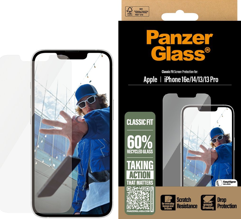 Mbrojtës ekrani PanzerGlass iPhone 16e 14 13 13 Pro Classic Fit, xham i temperuar, EasyAligner, transparent