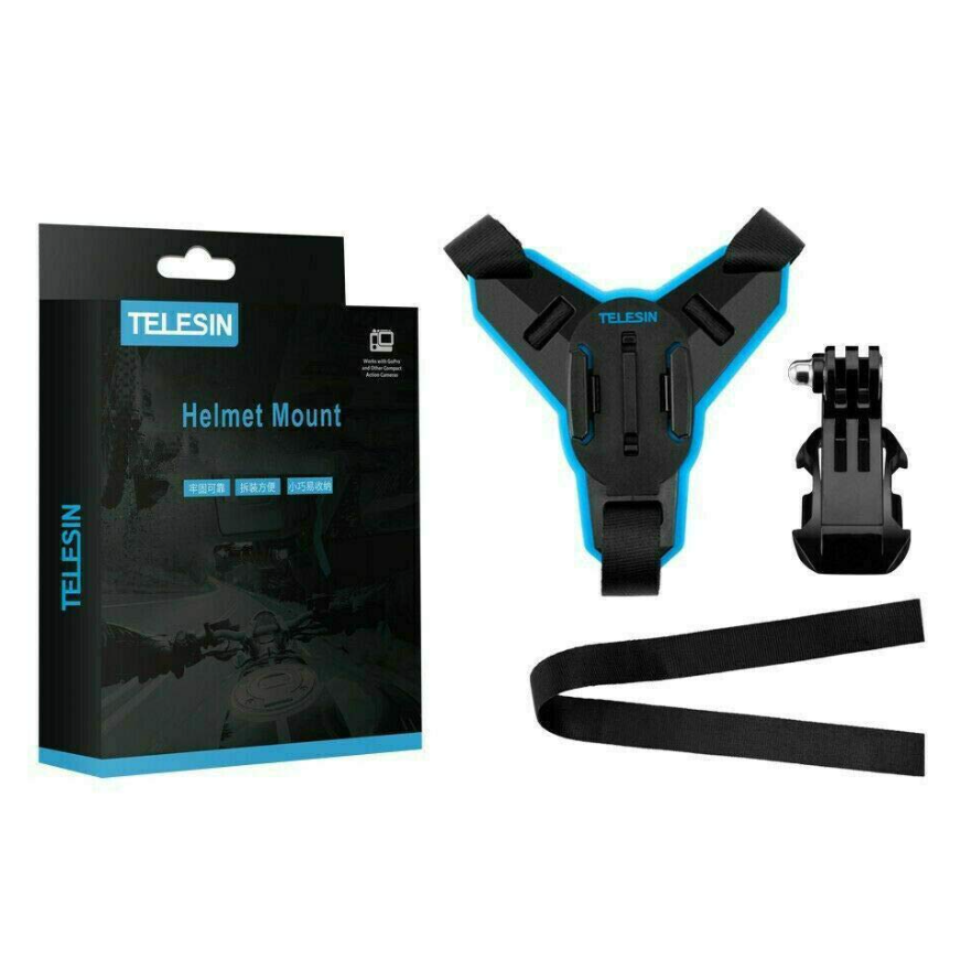 Mbajtës helmete moto TELESIN Helmet Strap Mount, për GoPro Insta360 DJI, me rrip të rregullueshëm, i zi