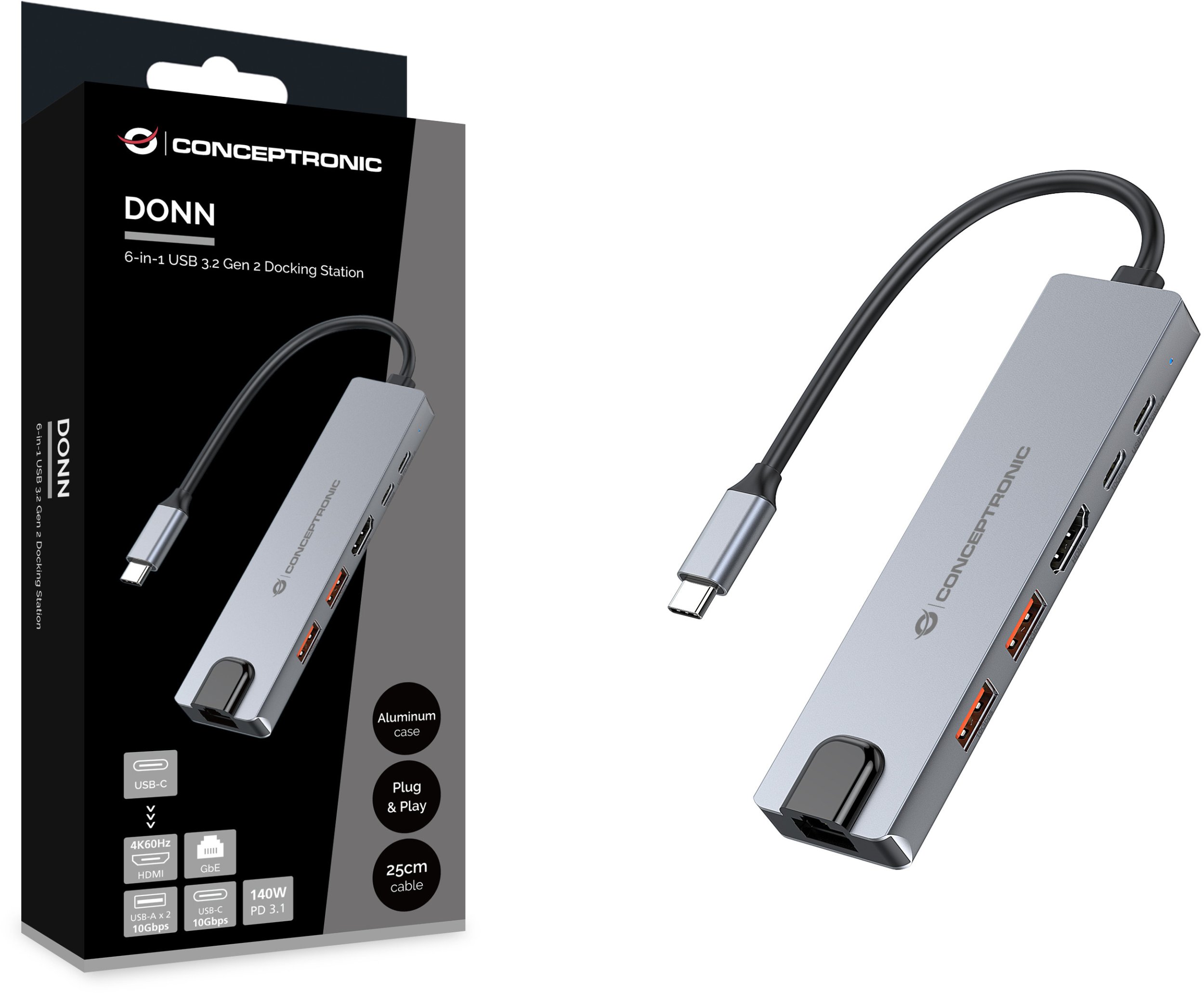 Docking station Conceptronic DONN29G, 6 në 1, 4K 60Hz, gri