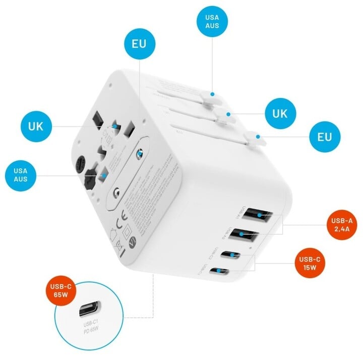 Përshtatës udhëtimi FIXED për EU, UK dhe USA/AUS, 3xUSB-C, 2xUSB-A, GaN, PD 65W, i bardhë