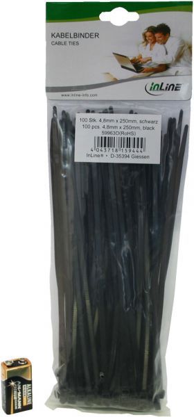 Стегач за кабли InLine, 250 mm, 100 парчиња, црн