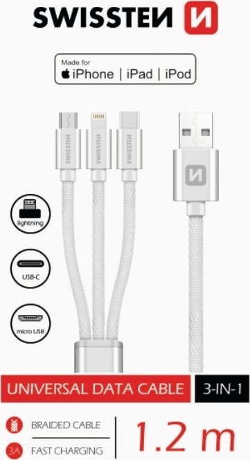 Kabllo karikimi Swissten Textile 3in1 MFi, 1.2m, Sync & Charge, e bardhë
