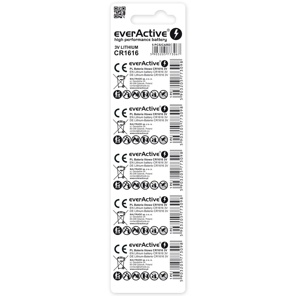 Bateri litium EverActive CR1616, 3V, paketim 5 copë