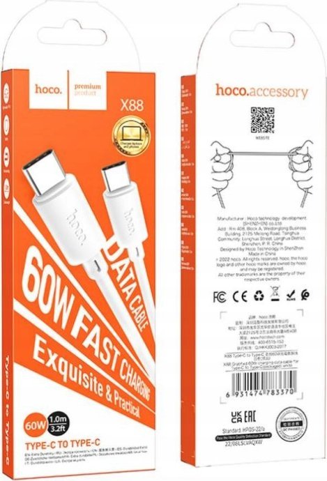 Kabllo Hoco X88 Type C në Type C, 1m, 60W PD 3A, e bardhë