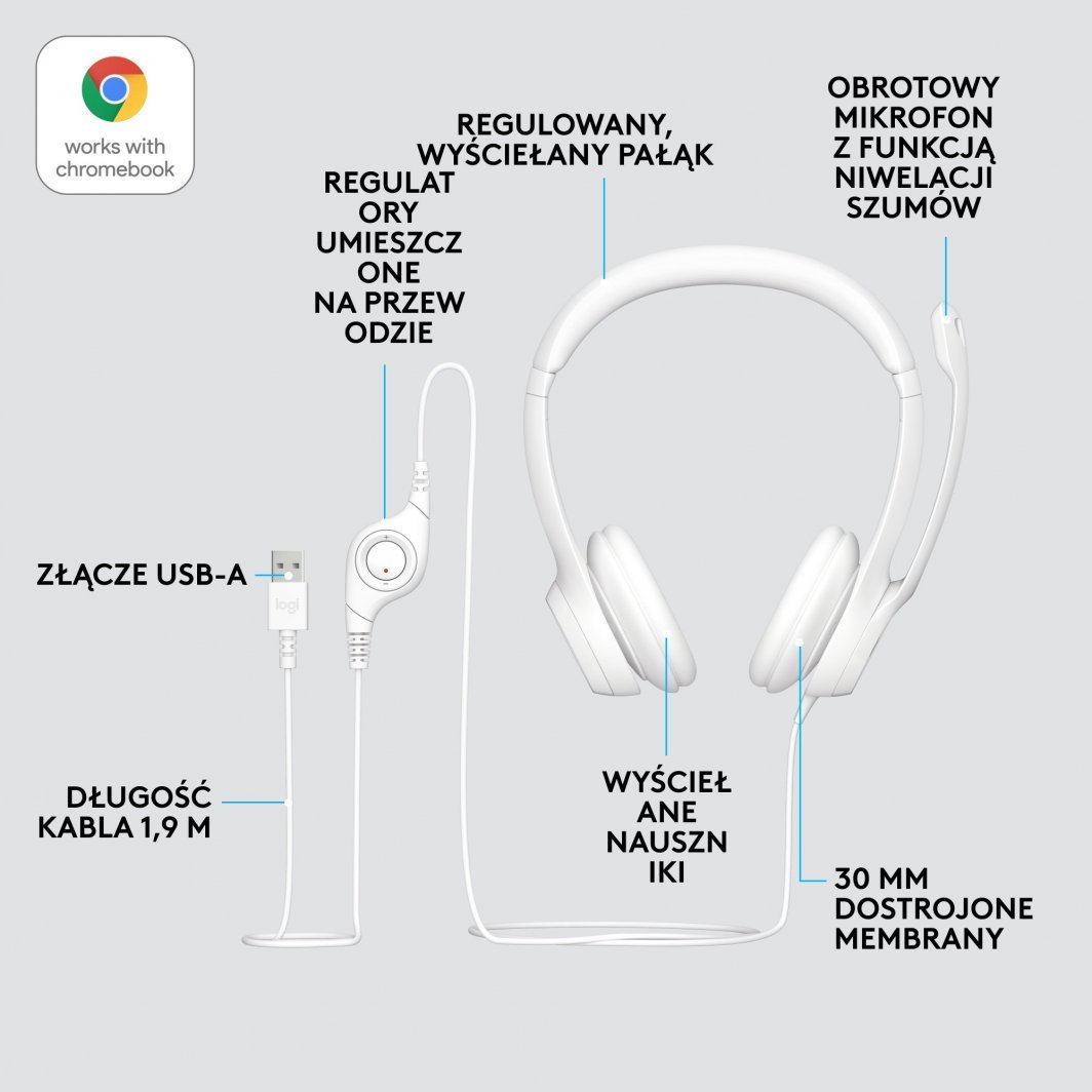 Kufje me mikrofon Logitech H390, me kabllo, të bardha 