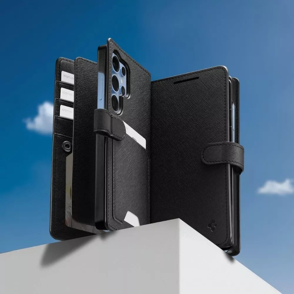 Kapak portofol Spigen Wallet S për Samsung Galaxy S25 Ultra, lëkurë, funksion stand, i zi