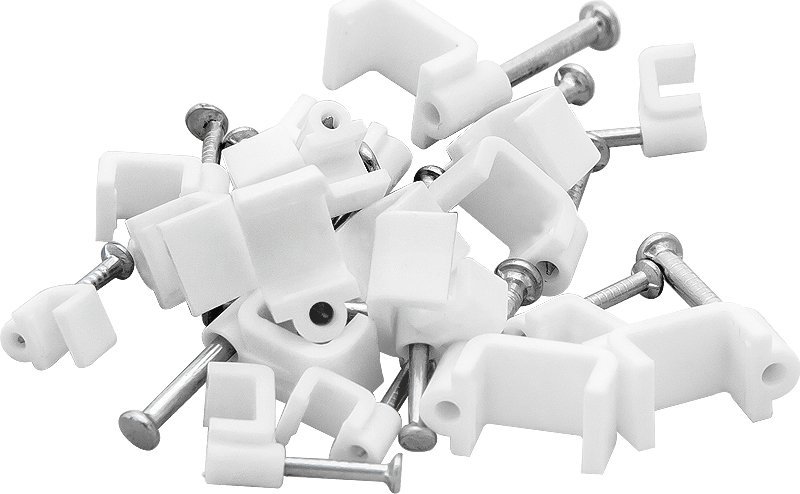 Set 100 mbajtëse kabllosh të sheshta, 10 x 5 mm, me gozhdë, të bardha