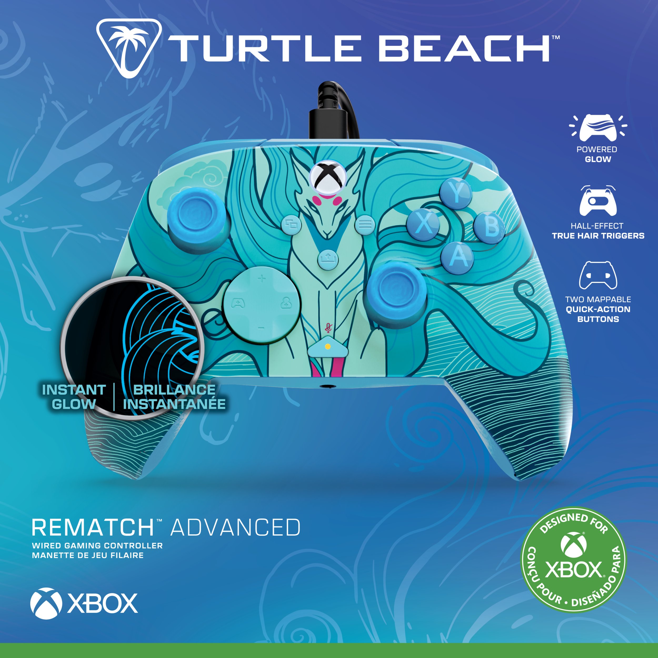 Kontrollor lojërash Turtle Beach Rematch Advanced Blue Kitsune, me kabllo, për Xbox dhe PC, blu