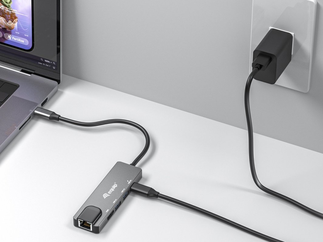 Adaptor USB C Equip 133489 5 në 1, HDMI, Gigabit LAN, 100W USB PD, gri