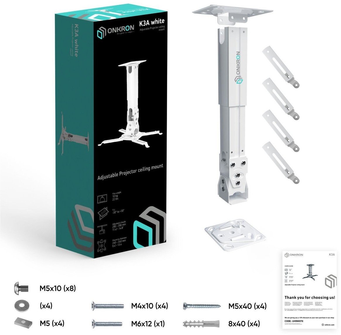 Mbajtëse tavani për projektor Onkron K3a W, metalike, e bardhë