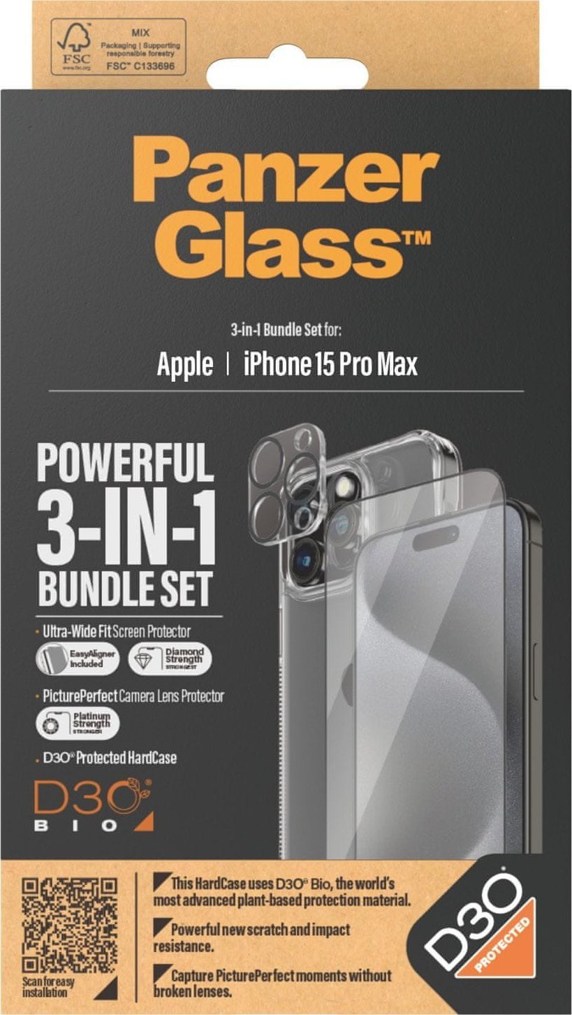 Set mbrojtës PanzerGlass për Apple iPhone 15 Pro Max, ClearCase me D3O, xham mbrojtës UWF, mbrojtës kamere transparent