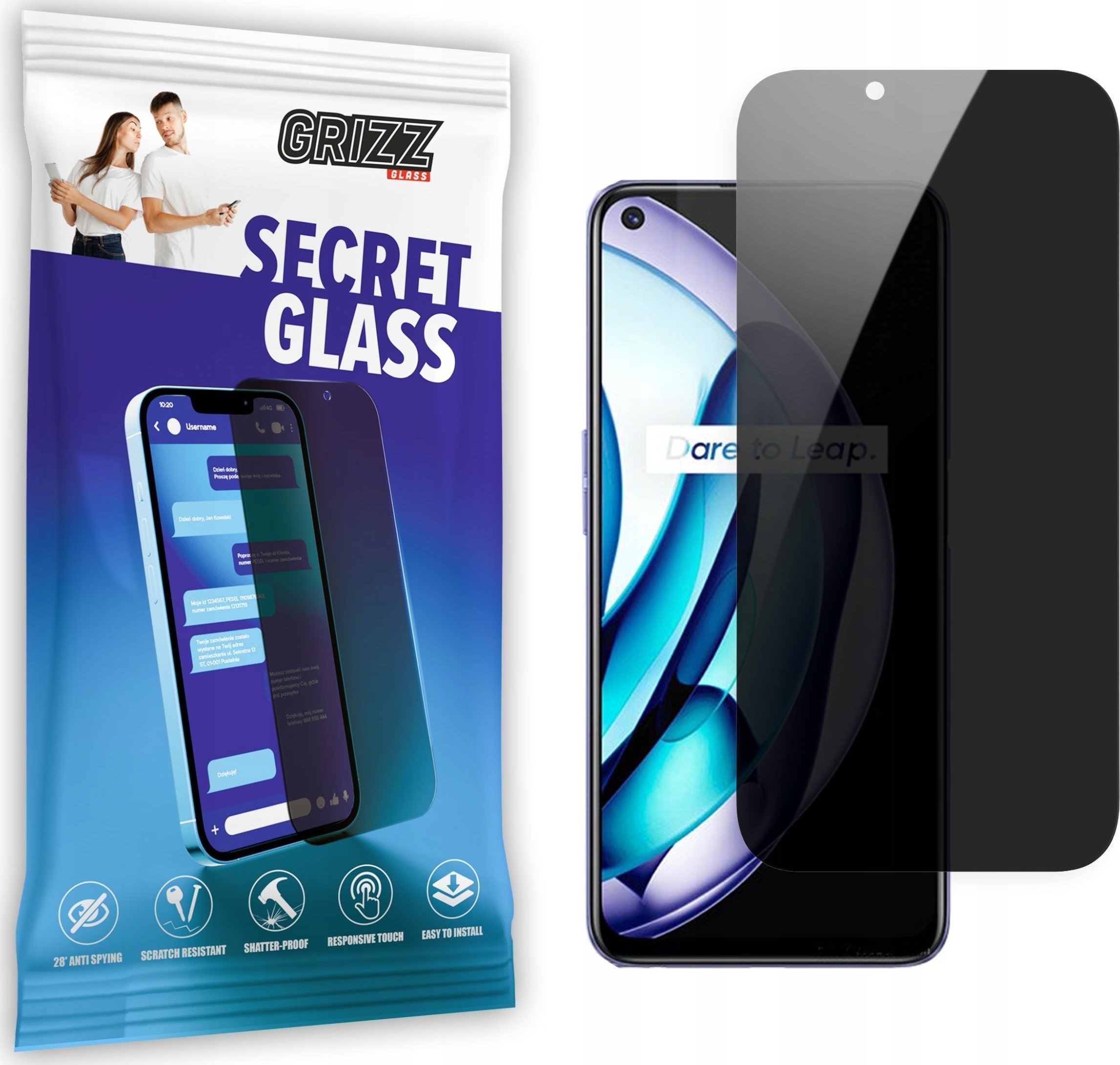 Xham privatësie për ekran Realme Q3T 5G Grizz SecretGlass, xham i temperuar, mbrojtje kundër gërvishtjeve, transparent