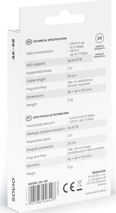 Adapter USB A 3.1 në SATA Savio AK-68, për disqe 2.5", i zi