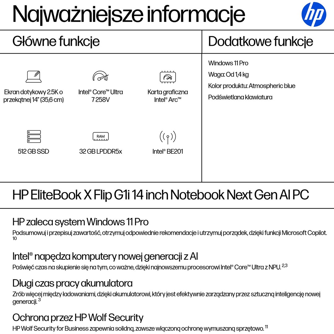 Laptop HP EliteBook X Flip G1i 14 AI, Ultra 7 258V, 32GB, 512GB SSD, темно сина