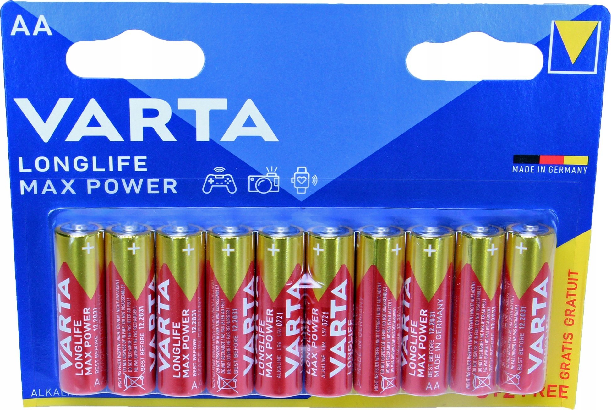 Bateritë alkaline Varta Longlife Max Power AA, 1.5V, paketim 10 copë