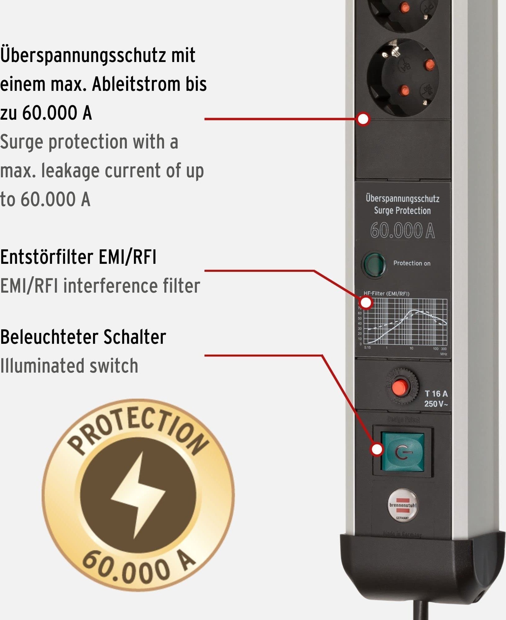 Продолжен приклучок Brennenstuhl Premium Protect Line 1391010800, 8 излези, 3 m, црна