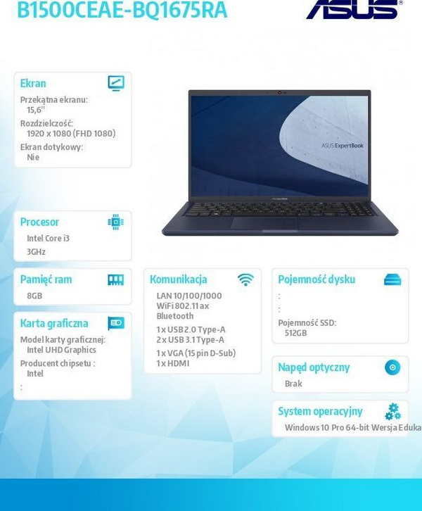 Laptop Asus ExpertBook B, Intel Core i3-1115G4, 15.6", 8 GB RAM, SSD 512 GB, Windows 10 Pro Edu, i zi