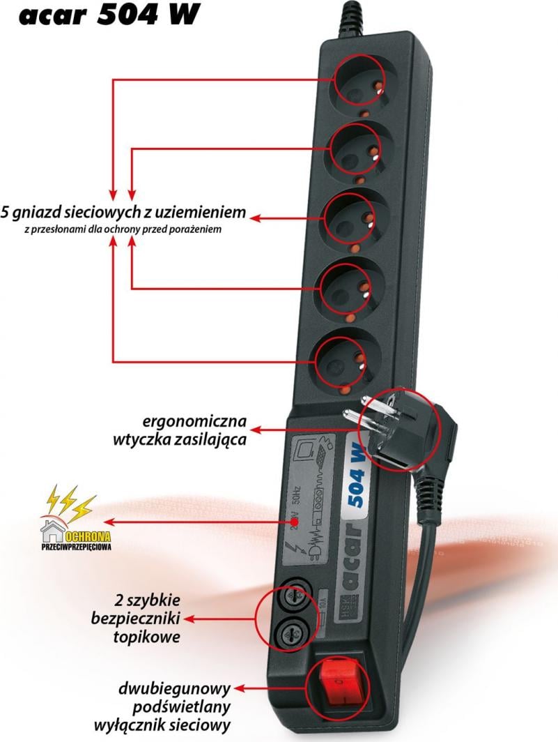 Kabllo vazhduese Acar 504W, 5 priza, 3m, e zezë