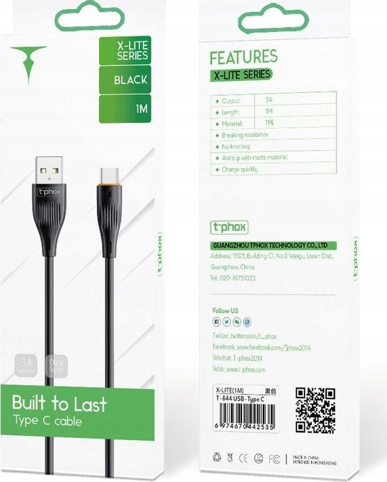 Кабел за полнење T-phox X-lite, USB Type-C, 1 m, 3A, црн